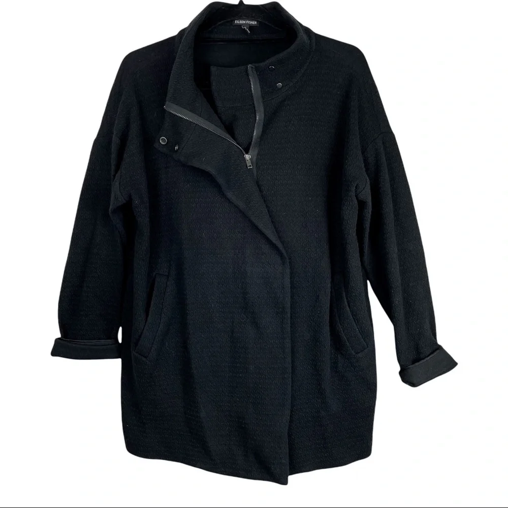 Eileen Fisher Black Texture Moto Zip Up Jacket
